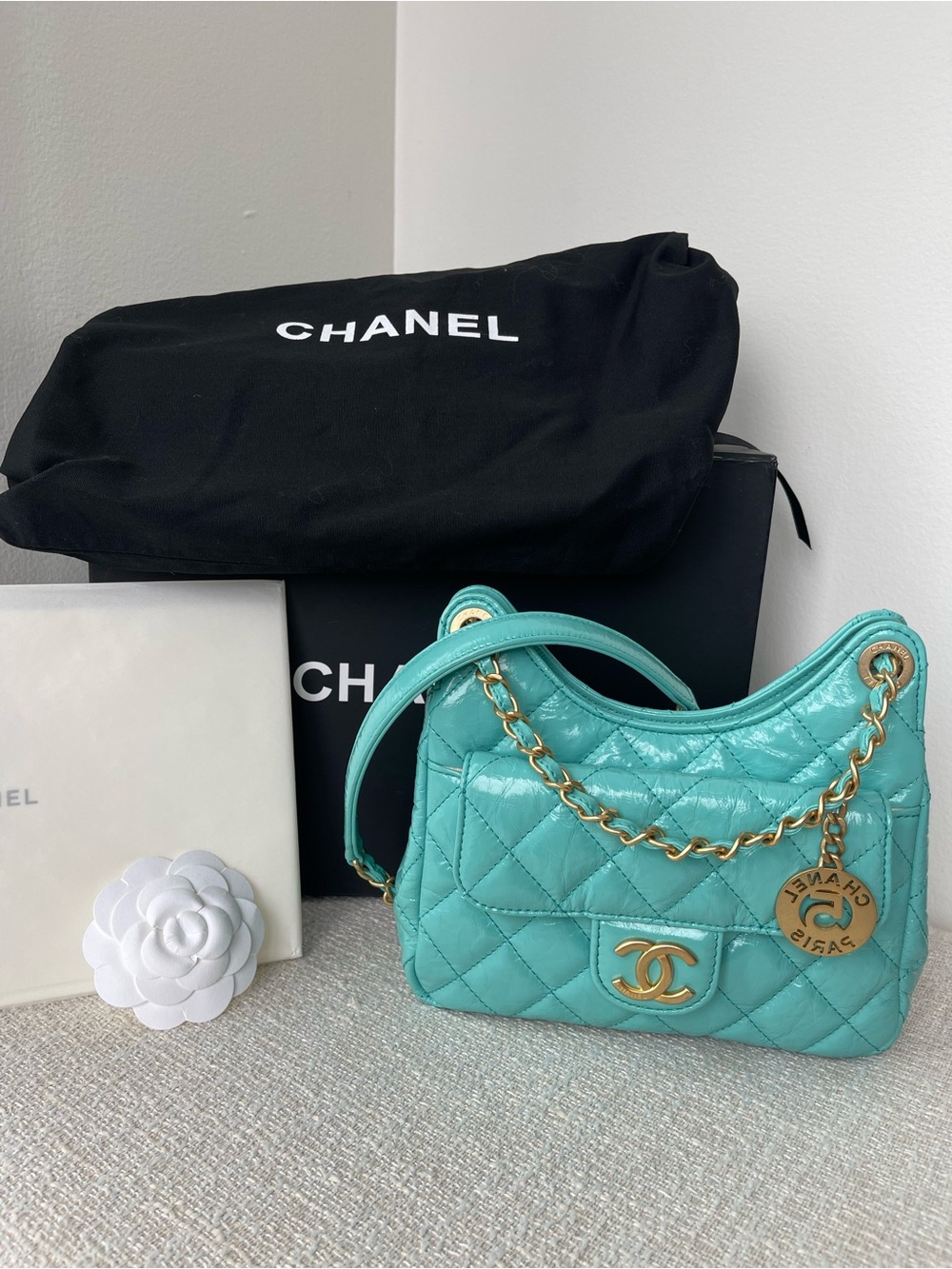 Chanel Small Wavy Hobo Bag Classic Quilted Crumpled Calfskin Rare Turquoise